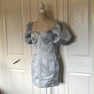 80’s puff shoulder fitted mini dress. Metallic blue/silver.
